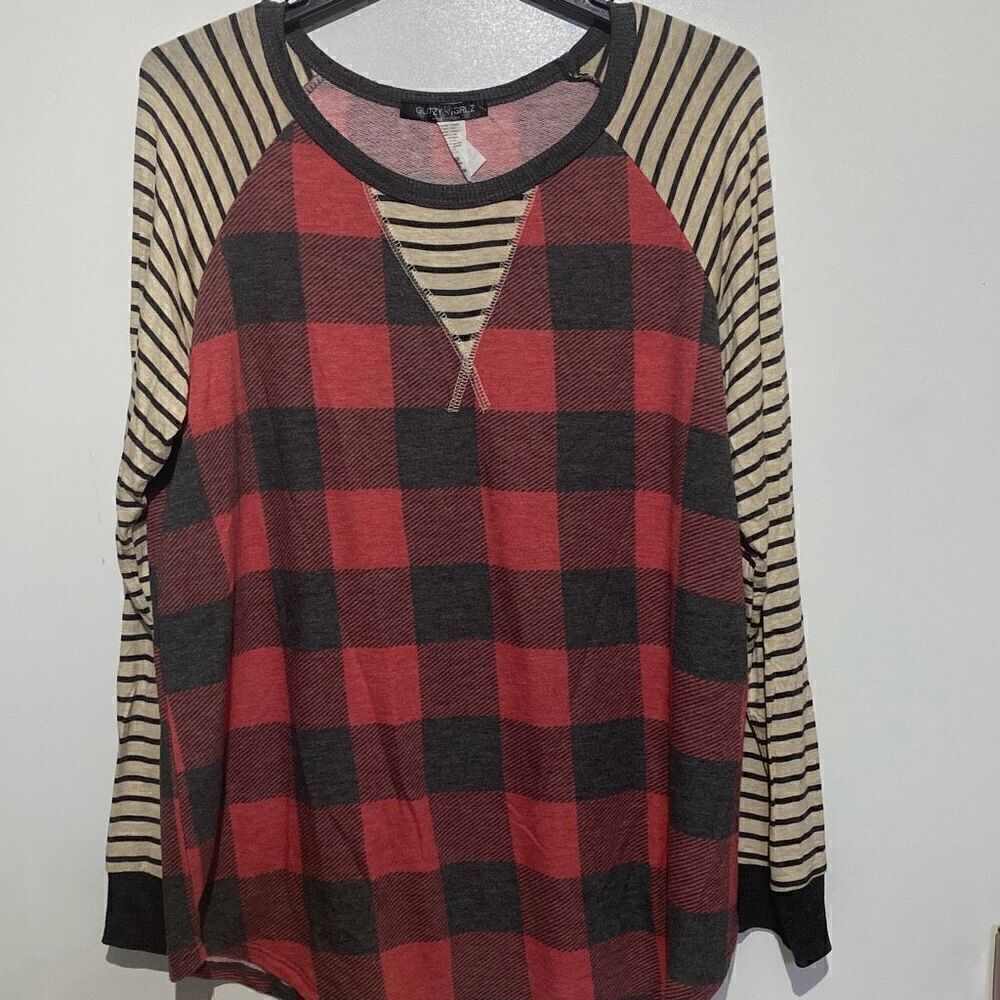 Glitzy Girlz Womens 1XL Buffalo Plaid Striped Raglan Top Red Charcoal T-3053